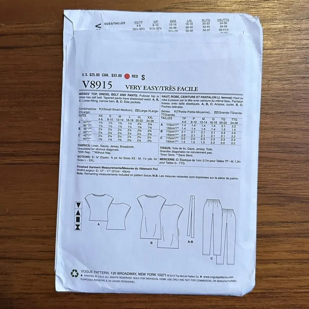 UNCUT Vogue Sewing Pattern 8915 Misses Top, Dress, Belt and Pants Lg-XXL